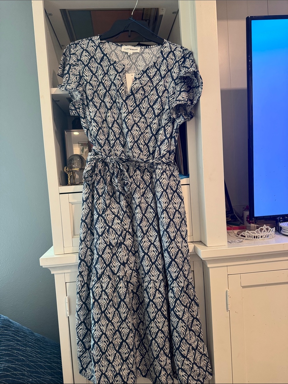 Lucky Brand Navy and White Printed V-Neck Tie-Waist Midi Dress NWT